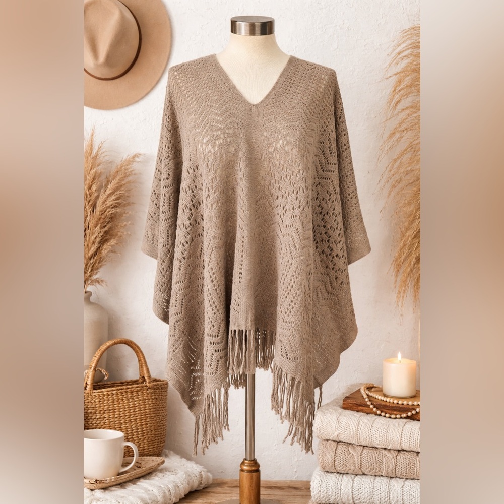 Boho Open-Knit Fringe Poncho Cozy Neutral Layering Piece